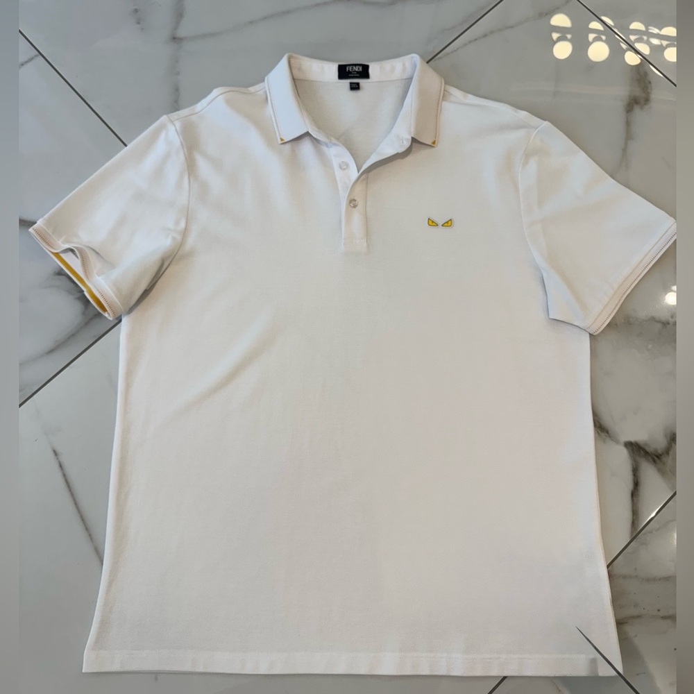 Fendi Men's white Polo Shirt with Yellow Detail